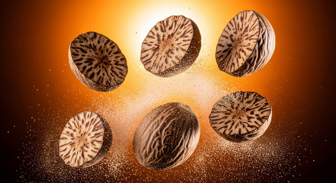Whole and halved nutmegs exploding with spice dust, close-up, dynamic composition against a warm gradient background, concept for gourmet cooking, culinary art and spice advertising