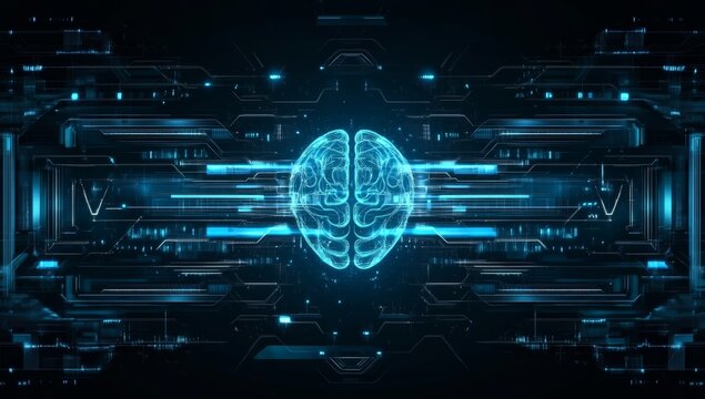 Digital brain and cyber technology background with blue glowing lines for artificial intelligence concept vector illustration design, AI digital icon