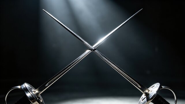 The crossed tips of two polished dueling foils forming an 'X' shape.