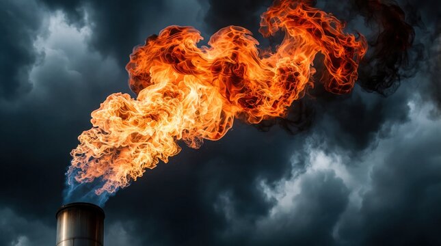 Industrial flare stack releases intense flame into stormy sky. Burning gas creates bright orange fire against dark clouds, showing industrial process and its environmental impact.