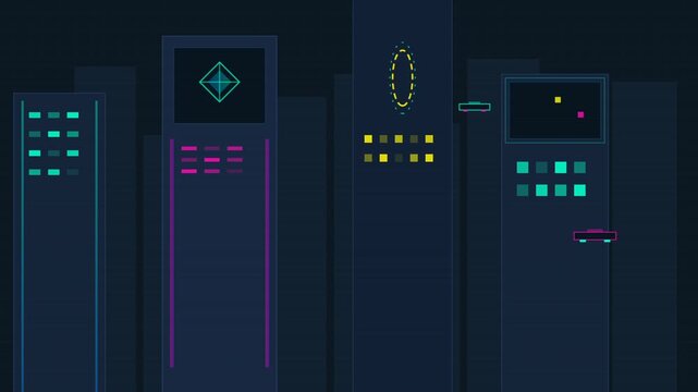 Nighttime Data Center Server Racks Neon Glowing Tech Scene Video.