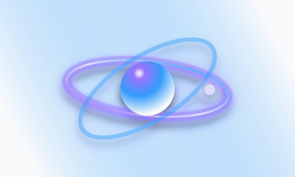 Futuristic 3D planet with glowing rings, abstract cosmic sphere in blue and purple, glass orb with orbital rings for tech design