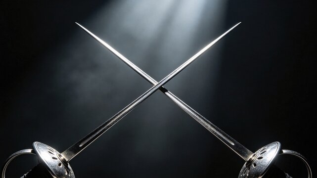 The crossed tips of two polished dueling foils forming an 'X' shape.