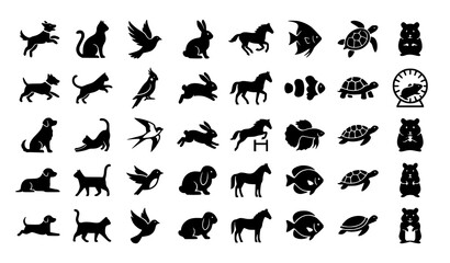 Fototapeta premium pets, animal, dog, puppy, cat, kitten, bird, rabbit, bunny, horse, fish, turtle, hamster, silhouette, icon, vector, filled, black, isolated, collection, domestic, wildlife, minimal, editable, branding