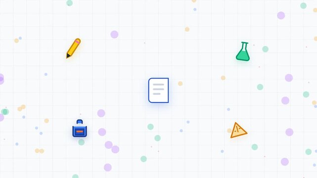 Document icon sits centered among school and science icons on a grid backdrop.