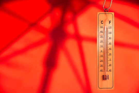 parasol and a thermometer, which displays extreme high temperature, global warming,climate change concept. free copy space

