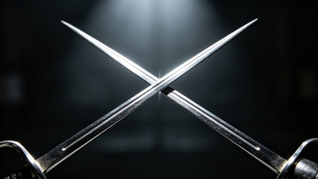 The crossed tips of two polished dueling foils forming an 'X' shape.