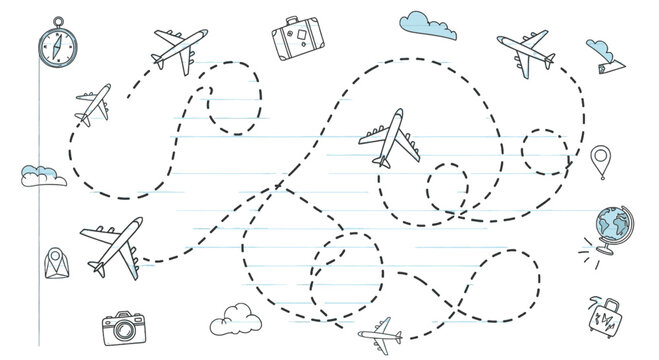 A whimsical doodle illustration depicting multiple airplanes on dotted flight paths, surrounded by travel-related icons like suitcases, clouds, and a compass.