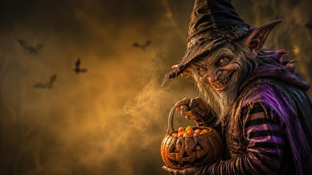 A creepy, troll-like gnome wearing a hat and holding a pumpkin (banner format). For Halloween. Copy space.