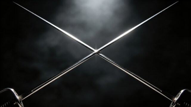 The crossed tips of two polished dueling foils forming an 'X' shape.