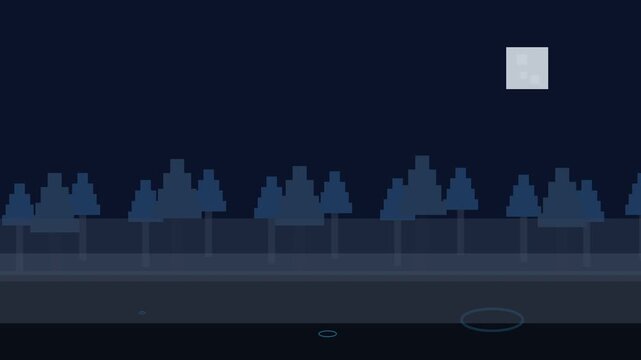 Night Scene of Quiet City Street with Silhouetted Trees.