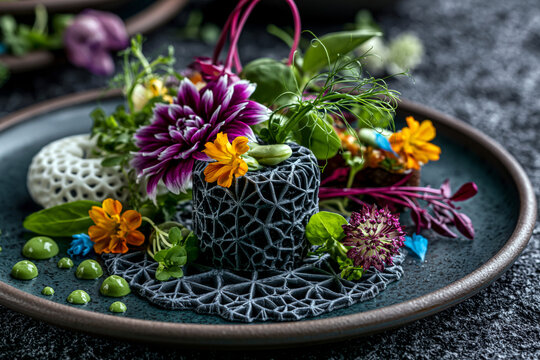 Futuristic restaurant plate with geometrically printed food structures, edible flowers and microgreens, dark fine dining background, food technology editorial