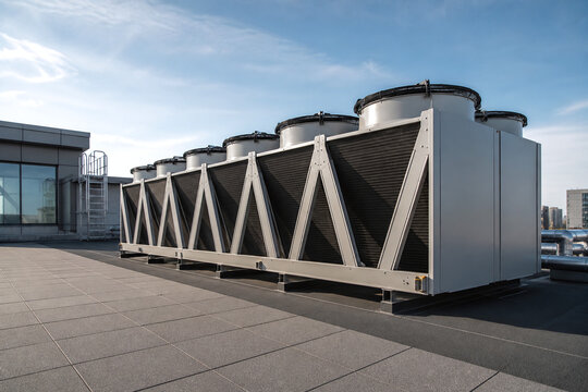 Waterless rooftop dry cooler array under blue sky