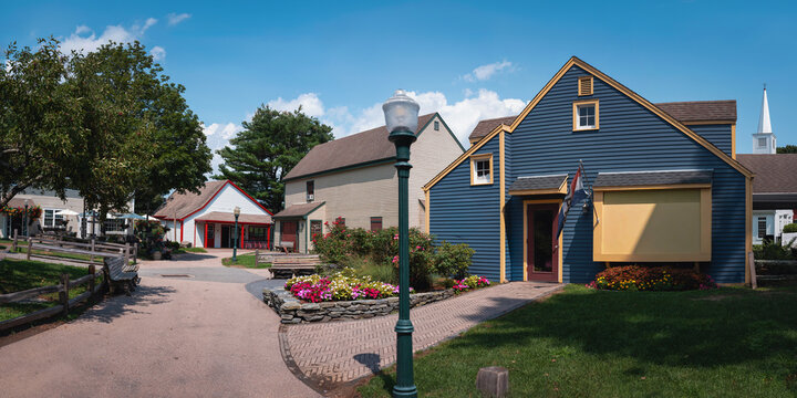 Mystic Connecticut colonial New England village shopping street in USA