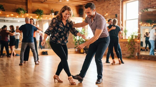 Woman and man dancing together during a social dance class in a bright studio. Partner practice, joyful movement, community activity and healthy lifestyle concept.