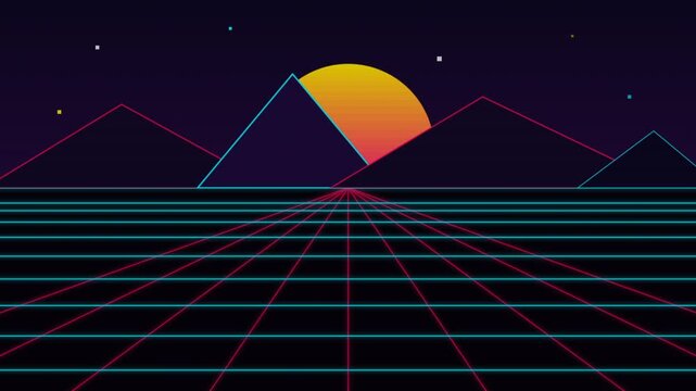 Retro Neon Grid Sunset Landscape Video Scene.