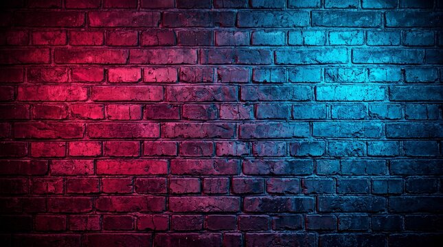 Dark brick wall with vibrant red and cyan neon lighting background