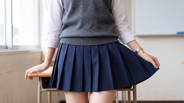 Student wearing school uniform, showing pleated skirt and vest in a classroom during school time