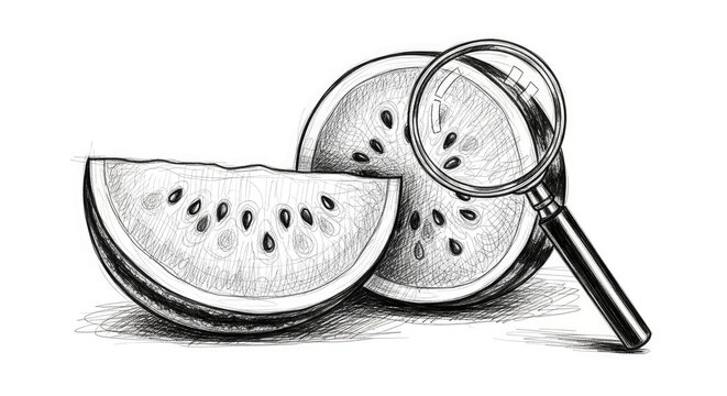 Hand drawn pencil sketch of watermelon slices with a magnifying glass for food research.