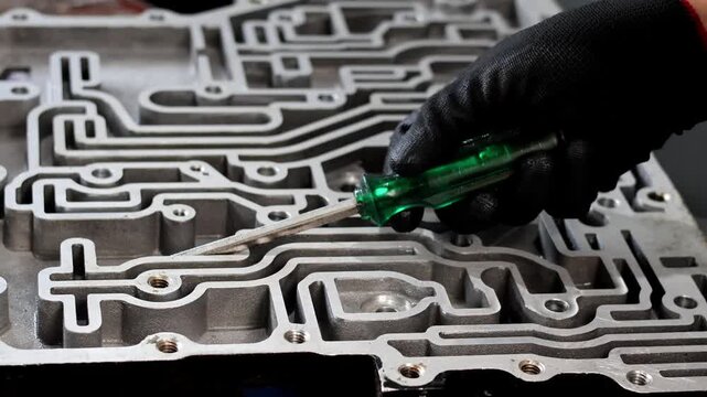Close up of a mechanic wearing protective gloves using a screwdriver to inspect the intricate fluid channels.