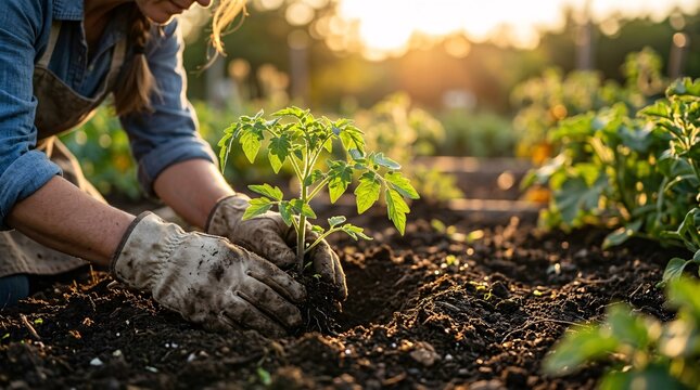 Careful gardener wearing protective canvas gloves tenderly planting fresh green saplings into rich dark fertile soil under golden sunlight.