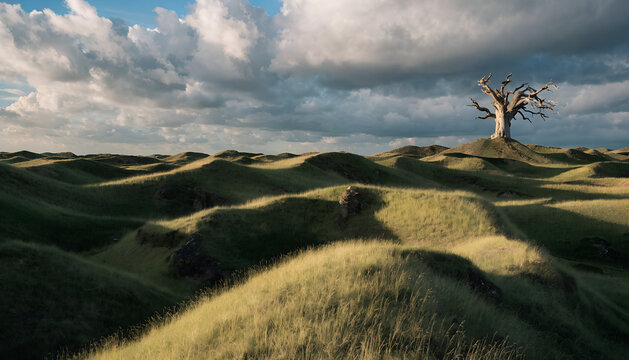 rolling untouched grass dunes under dramatic clouds, with one enormous weathered tree far in the distance.