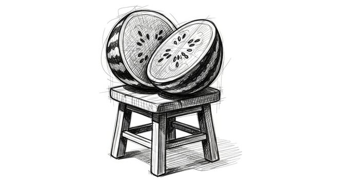 Hand drawn sketch of a sliced watermelon on a small wooden stool isolated on white background