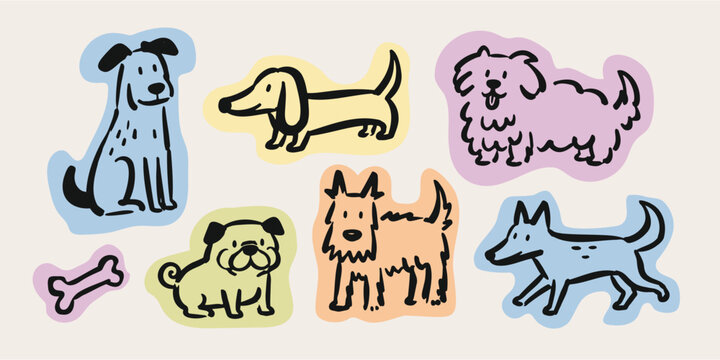 Dogs in Different Breeds and Poses Doodle Set Illustration