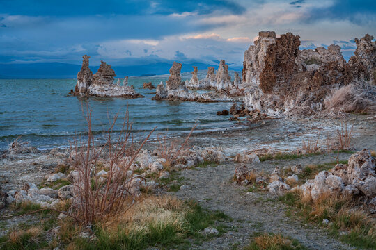 Dramatic view of unique limestone tufa towers on the shore of Mono Lake