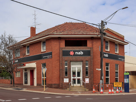 Northam, Western Australia, Australia - August 1 2026: Historic heritage red brick building housing National Australia Bank. Shire of Northam, in Avon Valley, Wheatbelt region. Travel, tourism
