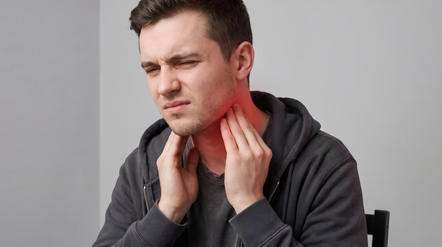 Young man with closed eyes wincing in pain while touching glowing red sore throat with both hands