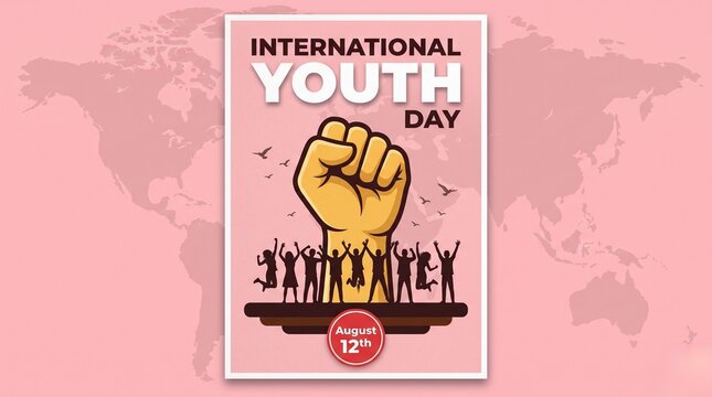 Powerful raised fist Youth Day poster with crowd silhouette and world map background motif