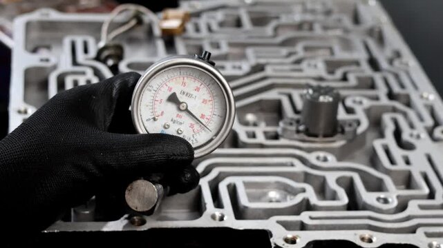 Mechanic checking transmission hydraulic pressure.