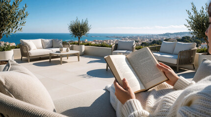 Fototapeta premium Woman reads book on sunny terrace with city sea view. Modern furniture creates calm space for weekend relaxation and escape. Peaceful balcony offers urban retreat.