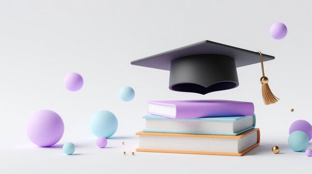 Graduation cap floats above stacked books on white background. Colorful spheres and gold beads surround academic symbols representing education and success. Learning concept.