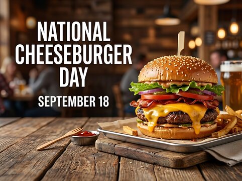 National cheeseburger day september 18 celebration poster with a delicious gourmet cheeseburger with bacon, lettuce, tomato, and fries on a wooden table