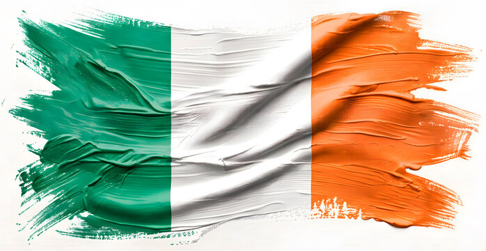 Irish flag with artistic brush strokes and textured paint on white background