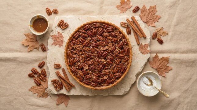 Freshly baked homemade pecan pie on a wooden cutting board with autumn leaves and cinnamon sticks for a festive dessert
