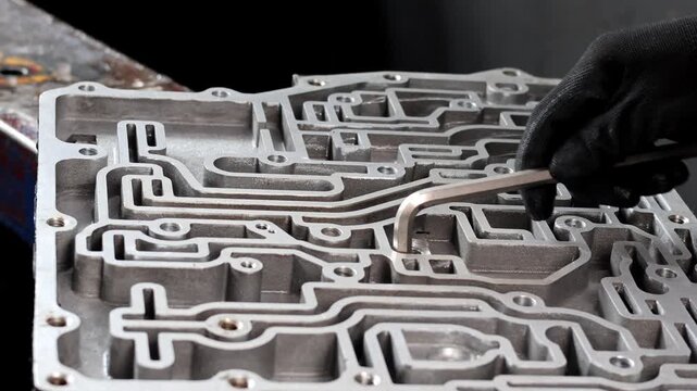 Mechanic using hex key on transmission valve body.