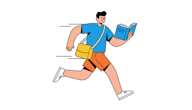 Energetic young school student running exceptionally fast while holding and reading an open book on his way to class.