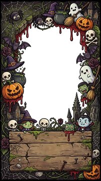 Creating Halloween Decorative Frame Featuring Cute Spooky Characters and Pumpkins