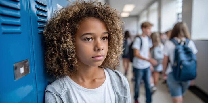 Sad lonely elementary school girl feeling bullied and excluded leaning against a blue locker