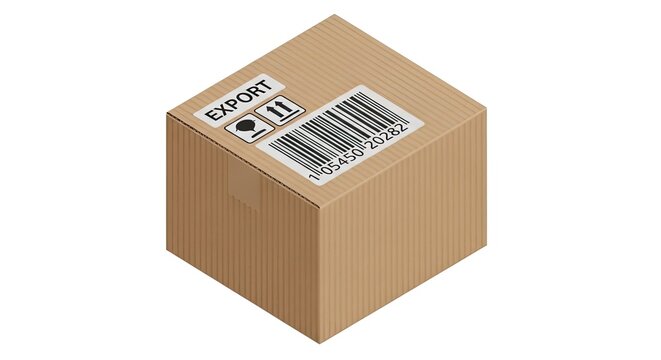 Brown cardboard box with export label and barcode for international shipping logistics