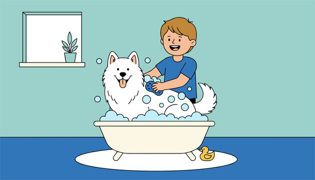 Smiling young boy washes his white fluffy dog in a bathtub filled with soap bubbles and a small yellow rubber duck.
