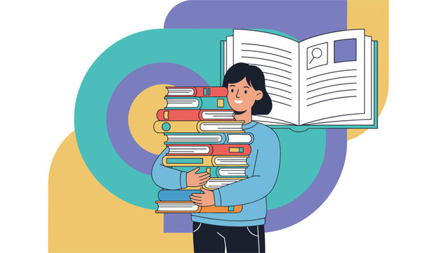 Smiling schoolgirl carries a large heavy stack of colorful books for studying with an open book icon on the background.