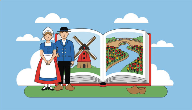 Open travel book about the Netherlands features beautiful illustrations of traditional outfits, a windmill, and a tulip field.