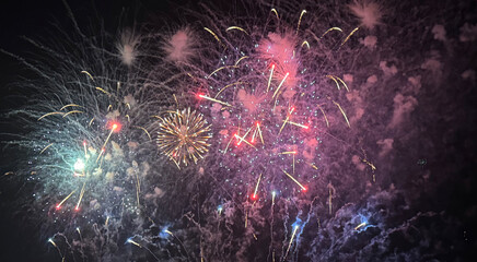 Fototapeta premium Vibrant fireworks burst in the night sky, illuminating a grand building and its colorful reflections on the calm water below.