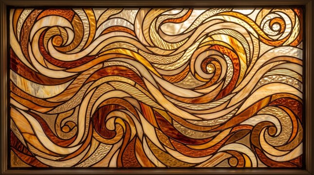 An abstract intricate stained glass panel displays flowing, swirling wave patterns composed of warm amber, gold and cream glass segments.