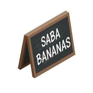 Isometric wooden chalkboard sign with Saba Bananas text for a grocery store display.