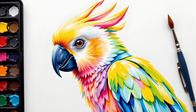 An artistic representation of a parrot, painted with vibrant colors that resemble stained glass or mosaic art style. The bird has a detailed feather pattern and bright colors in its plumage